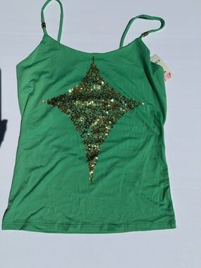 Green Sequin Diamond Cami Tank Top with Adjustable Straps